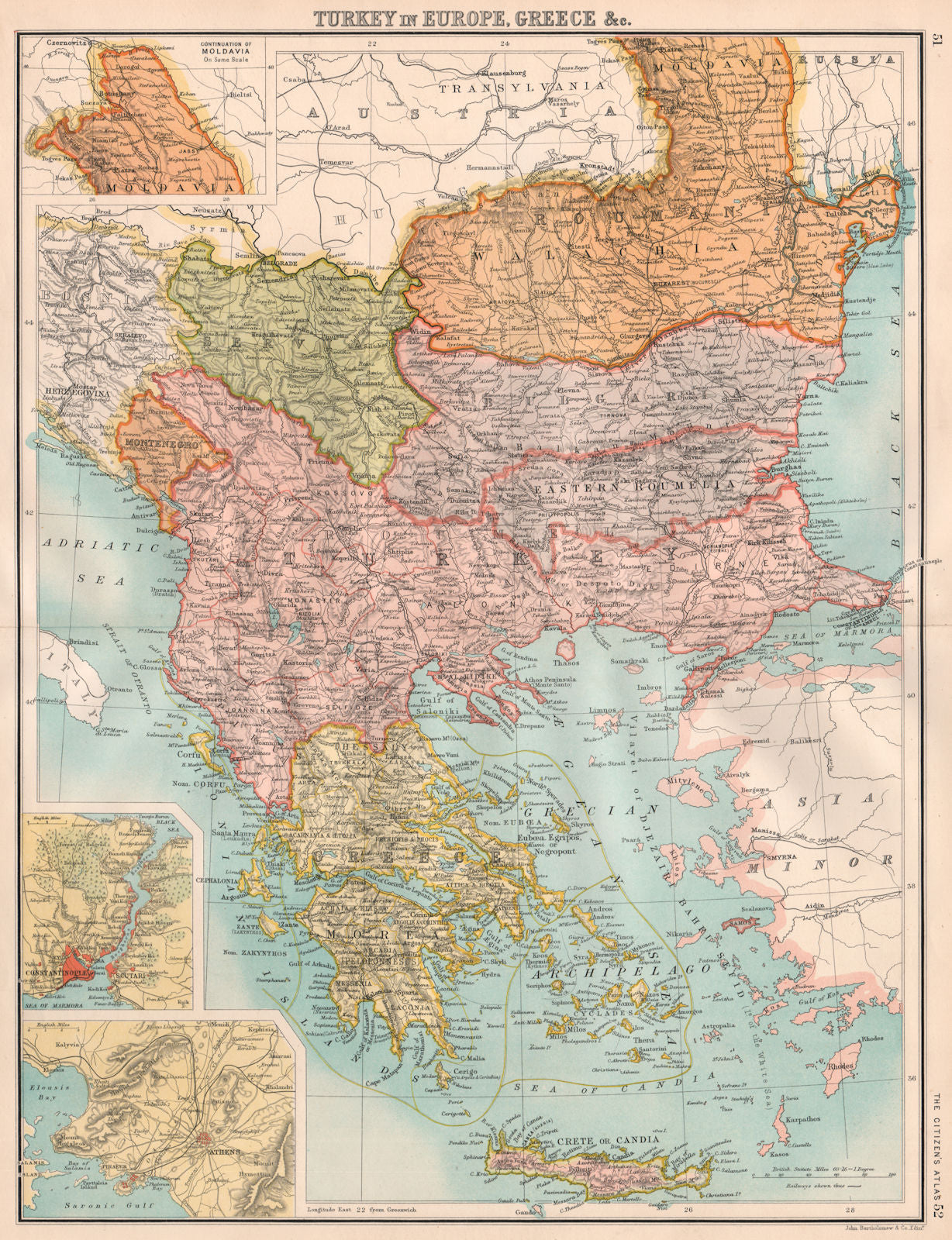BALKANS. Turkey In Europe & Greece. Wallachia Eastern Roumelia 1898 old map